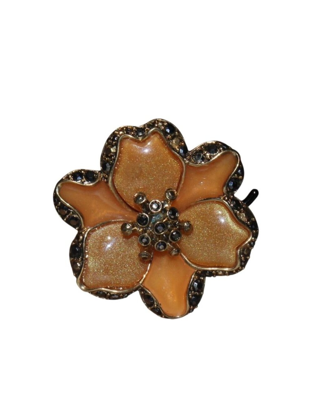 Vtg Unsigned Shimmering Tangerine Lucite Resin Flower Brooch Black Marcasite Pin